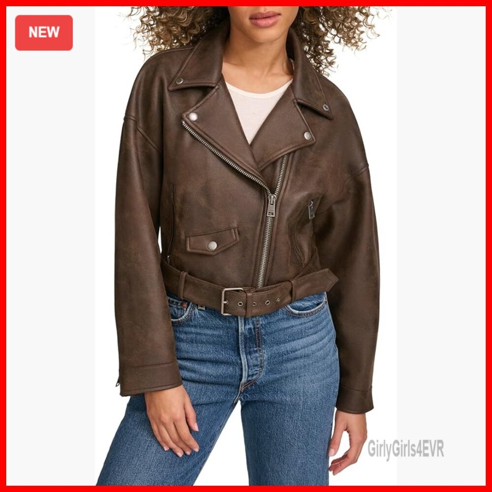 Faux Leather Cropped Moto Jacket With Belt, Asymmetrical Zip